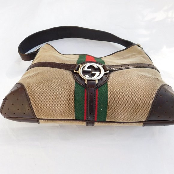 GUCCI SUPREME CANVAS RED GREEN STRIPE SHOULDER BAG - Picture 4 of 8